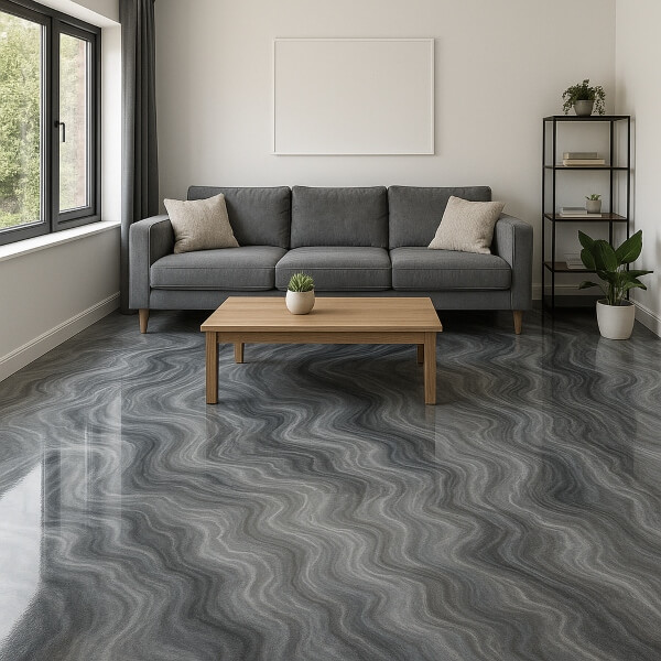 Bright living room showing smooth grey epoxy flooring in Melbourne with a cosy grey couch and a light wooden coffee table by Epoxy Flooring Guys Melbourne.