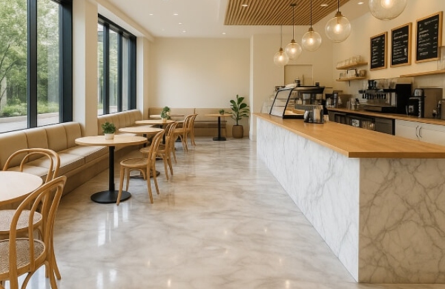 Commercial epoxy flooring used in a bright modern café interior installed by Epoxy Flooring Guys Melbourne.