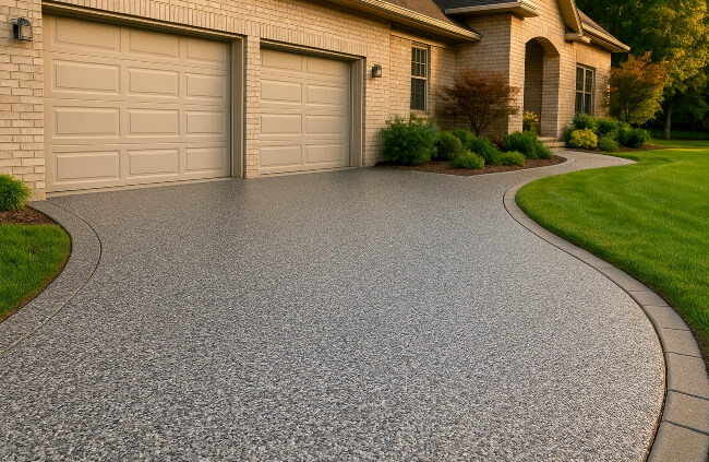 Curved epoxy driveway by Epoxy Flooring Guys Melbourne, featuring a smooth flake finish with UV stable coating for lasting protection.