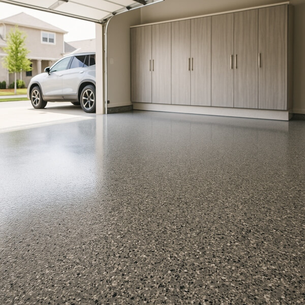 Epoxy garage floor installation by Epoxy Flooring Guys Melbourne, showing a seamless, high gloss surface built for heavy duty use.