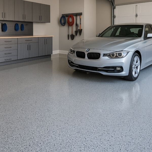 Garage with parked car on epoxy floor highlighting clean finish, hot tyre resistance and long lasting durability by Epoxy Flooring Guys Melbourne.