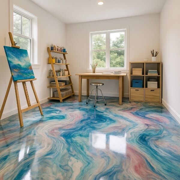Home art studio epoxy providing a clean, bright and durable space for creative work flooring by Epoxy Flooring Guys Melbourne.