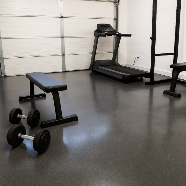 Home gym setup with treadmill and weights on smooth home gym epoxy flooring in Melbourne designed for durability and easy maintenance by Epoxy Flooring Guys Melbourne.