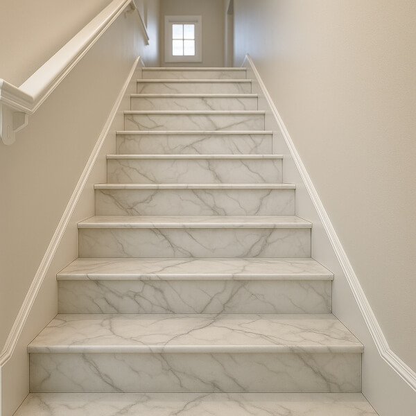 Indoor staircase epoxy flooring with marble look by Epoxy Flooring Guys Melbourne, combining strength, safety and modern design.