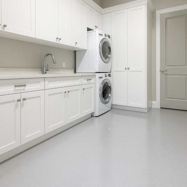 Laundry room epoxy flooring with a waterproof, non slip surface for safe and easy cleaning by Epoxy Flooring Guys Melbourne.