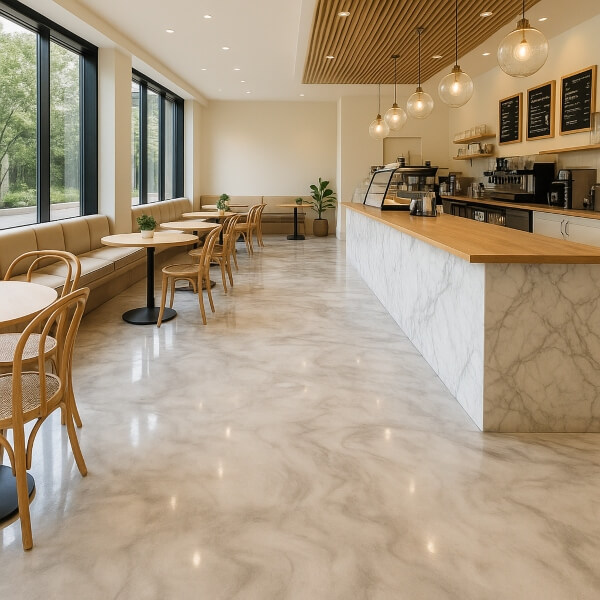 Marble-look commercial epoxy flooring used in a bright modern café interior installed by Epoxy Flooring Guys Melbourne.