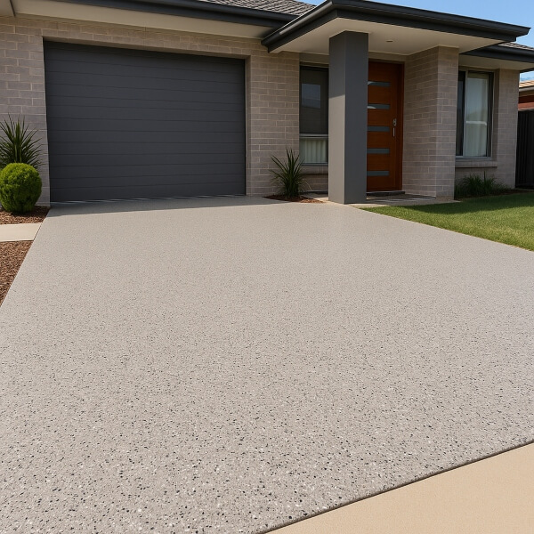 Modern home with light grey flake epoxy driveway coating by Epoxy Flooring Guys Melbourne, showing a clean, durable and low maintenance surface.