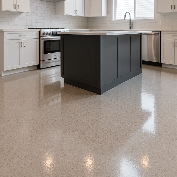 Modern kitchen epoxy floor providing a smooth, hygienic and easy to clean surface by Epoxy Flooring Guys Melbourne.