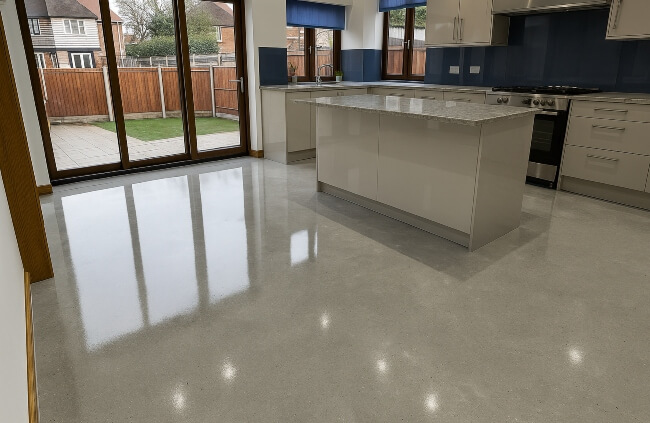 Modern kitchen epoxy flooring combining durability, easy cleaning and modern design by Epoxy Flooring Guys Melbourne.