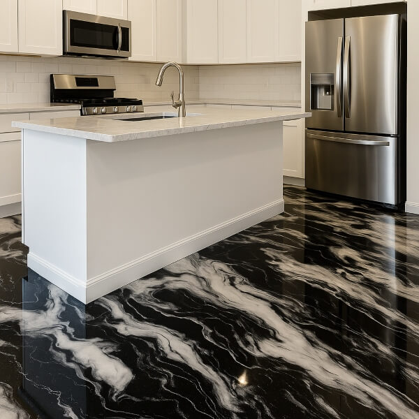 Modern kitchen with black and white marble look kitchen residential epoxy flooring featuring a seamless, durable and easy to clean finish by Epoxy Flooring Guys Melbourne.