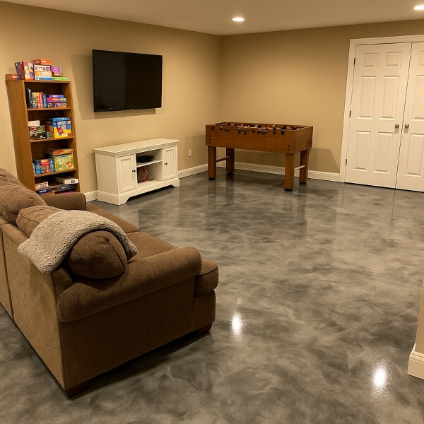 Modern rumpus room epoxy flooring in Melbourne creating a durable, low-maintenance, and stylish space by Epoxy Flooring Guys Melbourne.