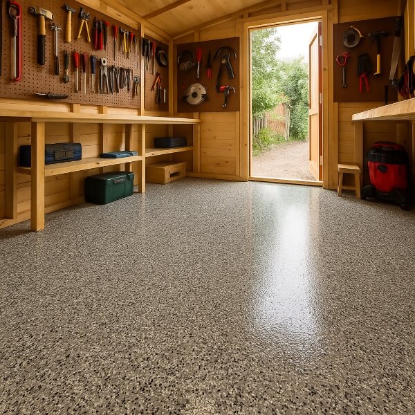 Non slip tool shed epoxy flooring in Melbourne built to handle heavy use spills and daily wear by Epoxy Flooring Guys Melbourne.