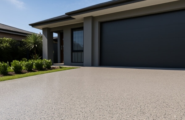 Textured flake epoxy driveway finish in Melbourne offering strong heat and oil resistance for long term durability by Epoxy Flooring Guys Melbourne