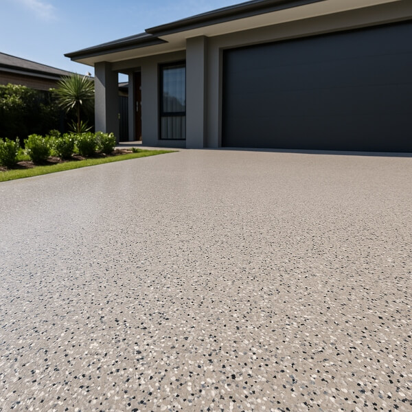 Textured flake epoxy driveway finish offering strong heat and oil resistance for long term durability by Epoxy Flooring Guys Melbourne.