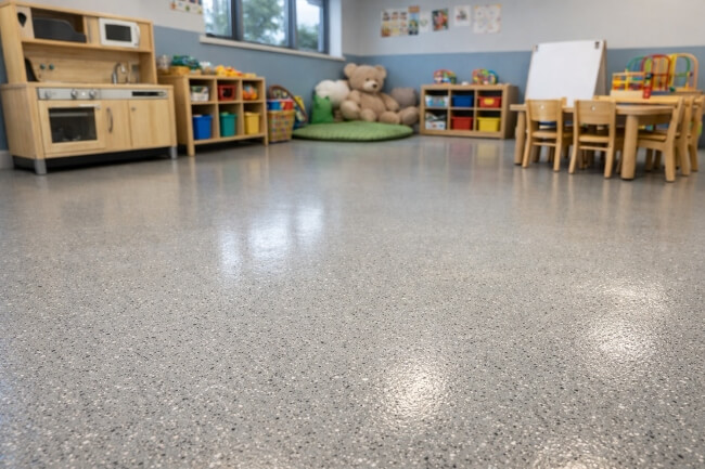 Childcare epoxy flooring Melbourne showing smooth, hygienic epoxy floor in a childcare centre by Epoxy Flooring Guys Melbourne.