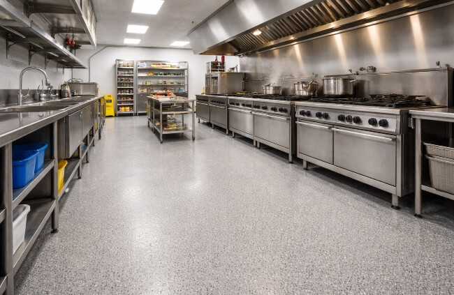 Commercial kitchen epoxy flooring in Melbourne with a durable epoxy floor designed for busy restaurant cooking and prep zones.