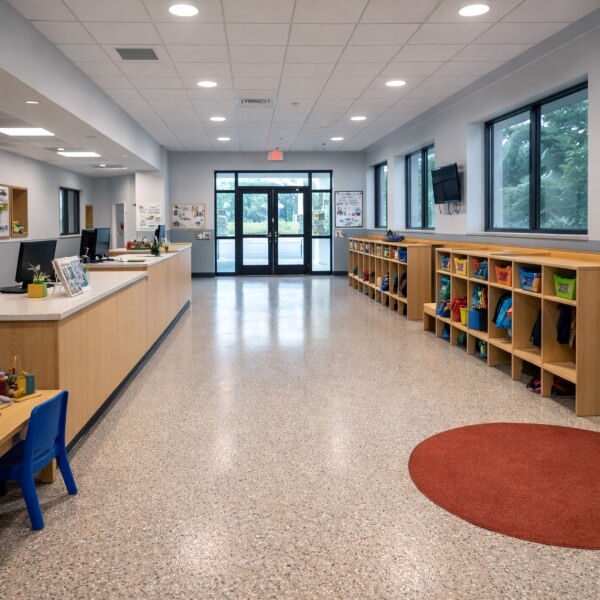 Epoxy flooring for childcare centres Melbourne reception area with durable, hygienic epoxy floor by Epoxy Flooring Guys Melbourne.